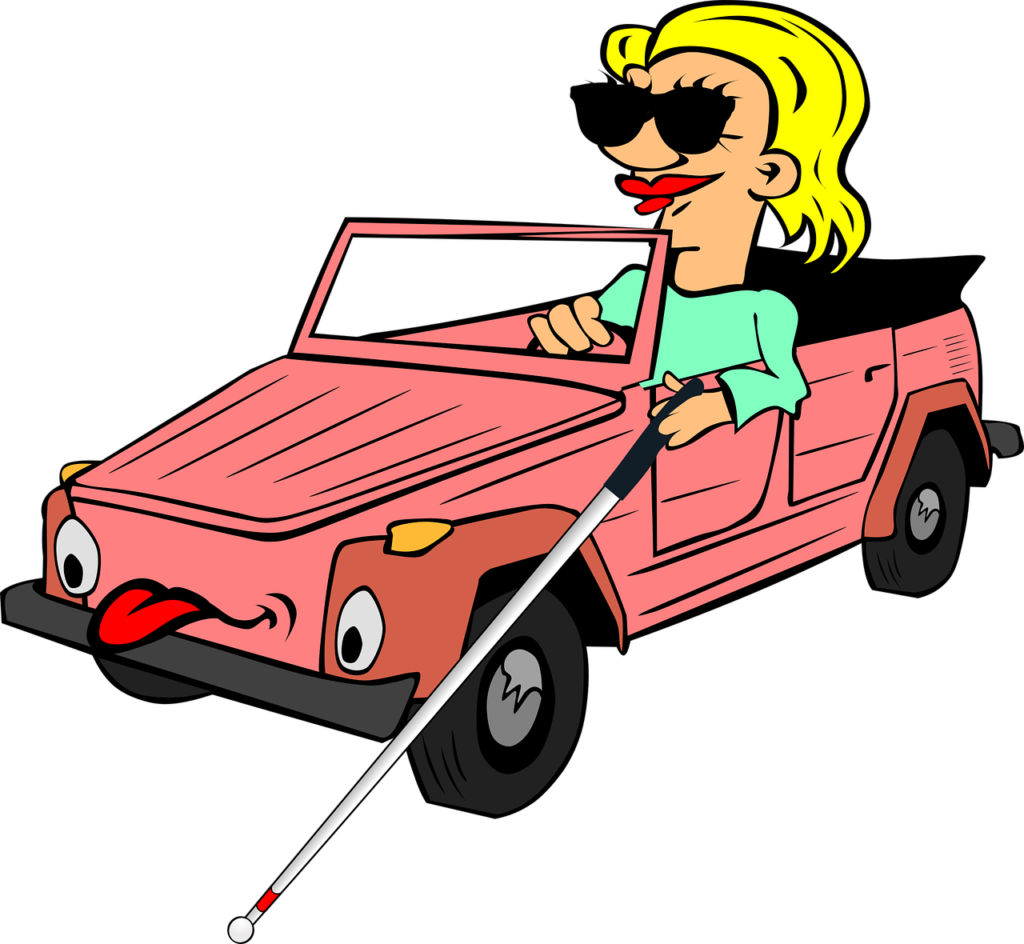 an animation of a woman wearing sunglasses and sitting in a car. She has a long white cane stratched in front of a car