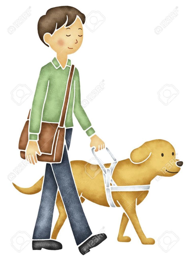 An animated picture of a blind young man with a guide dog