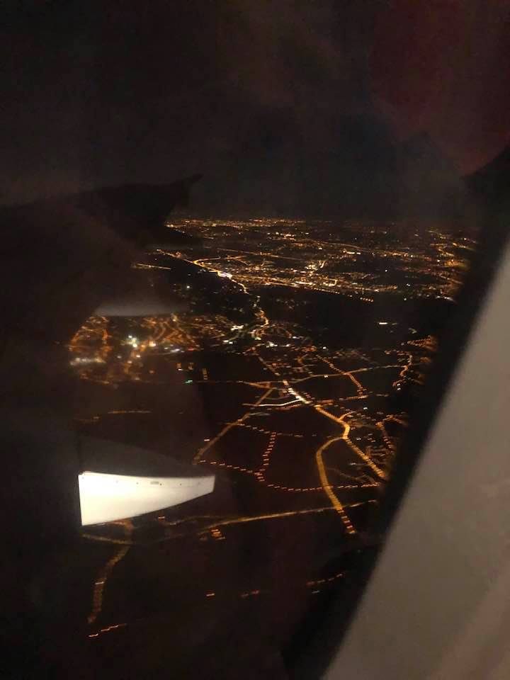 A view from an airplane window at night